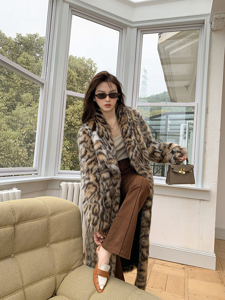 Leopard Print Long Fur Lace-Up Coat