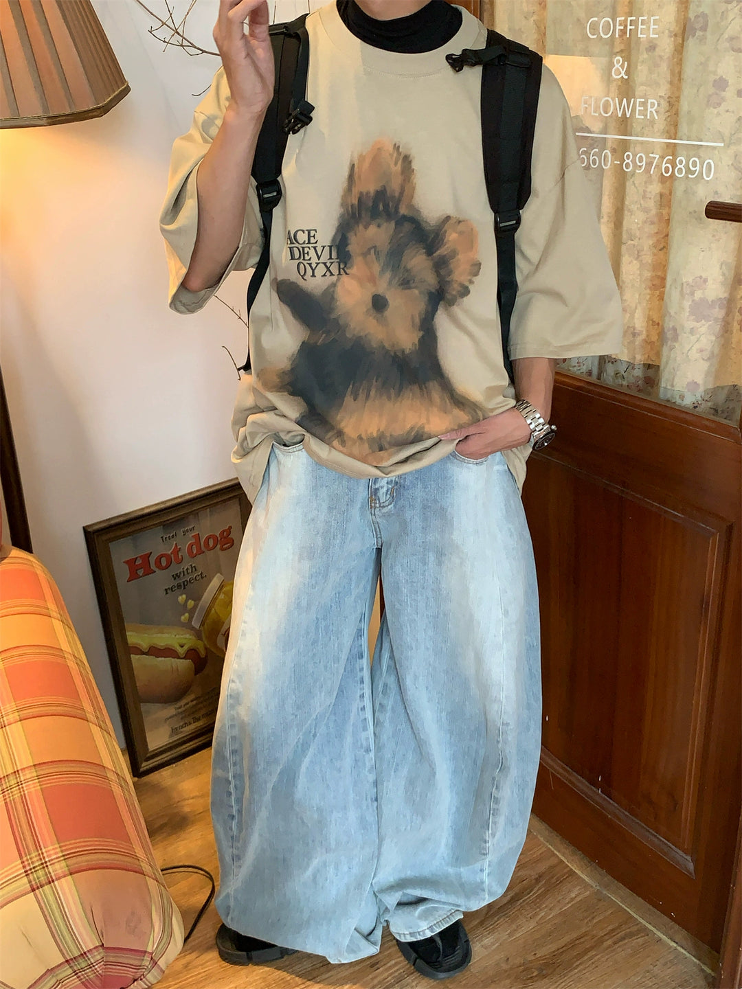 Puppy Print Loose Fit Turtleneck Shirt