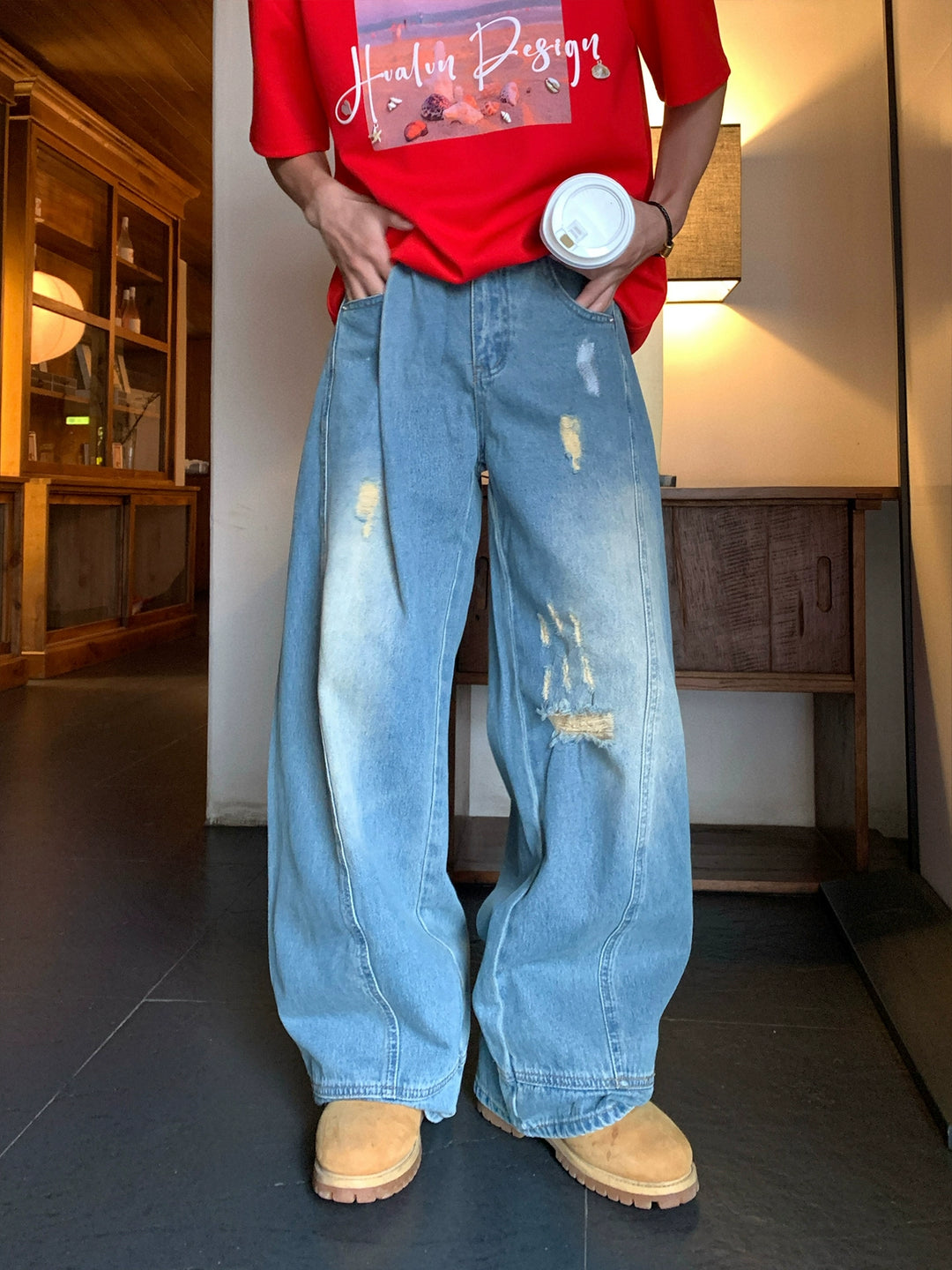 Losse Pas Versleten Gewassen Jeans Broek 