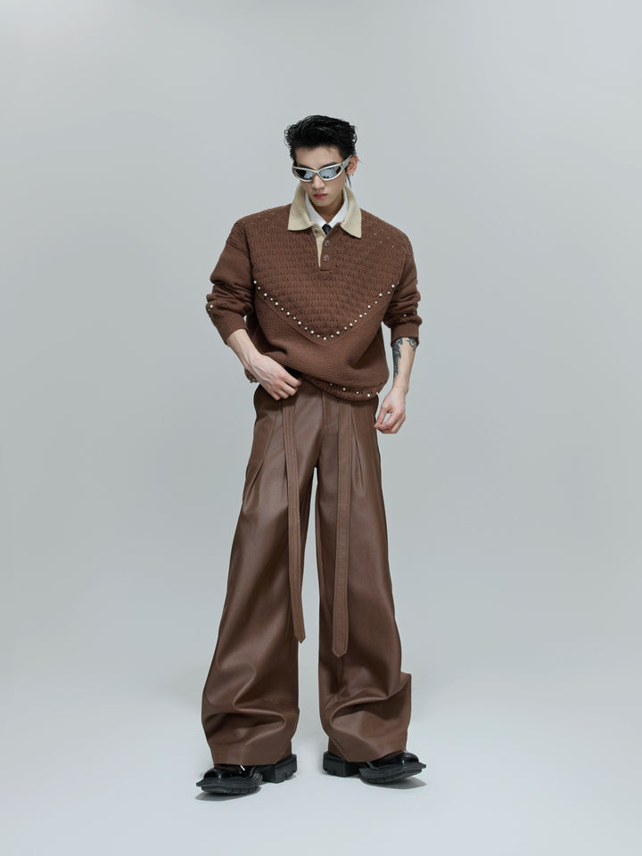 Glossy Pleated Wide Leg Straight Pants