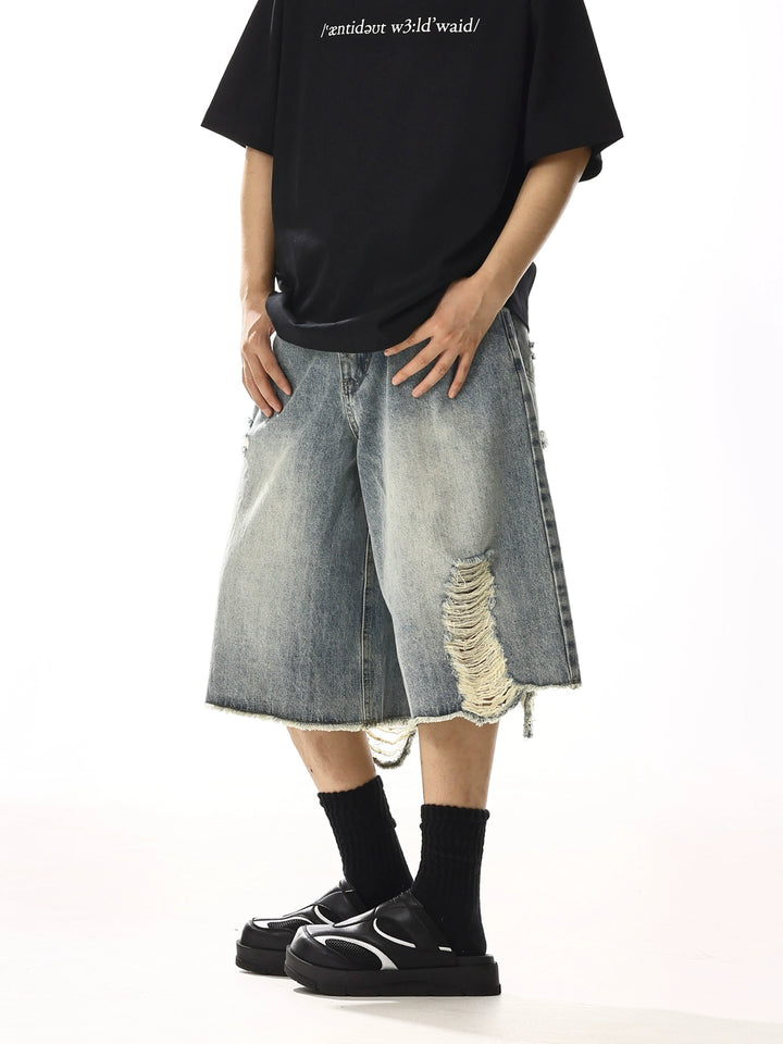 Distressed Wide-Leg Cropped Denim Shorts
