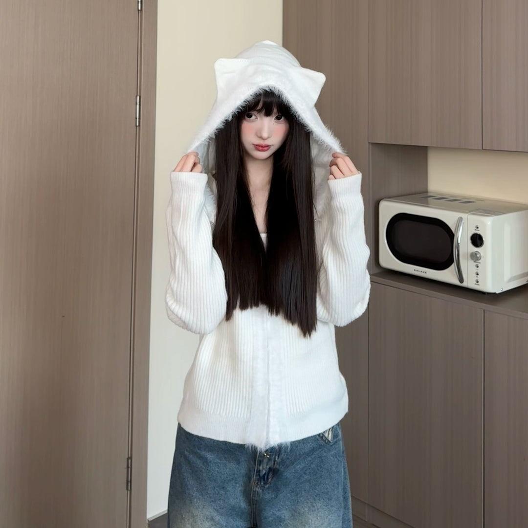 Bear Ear Hooded Knitted Cardigan