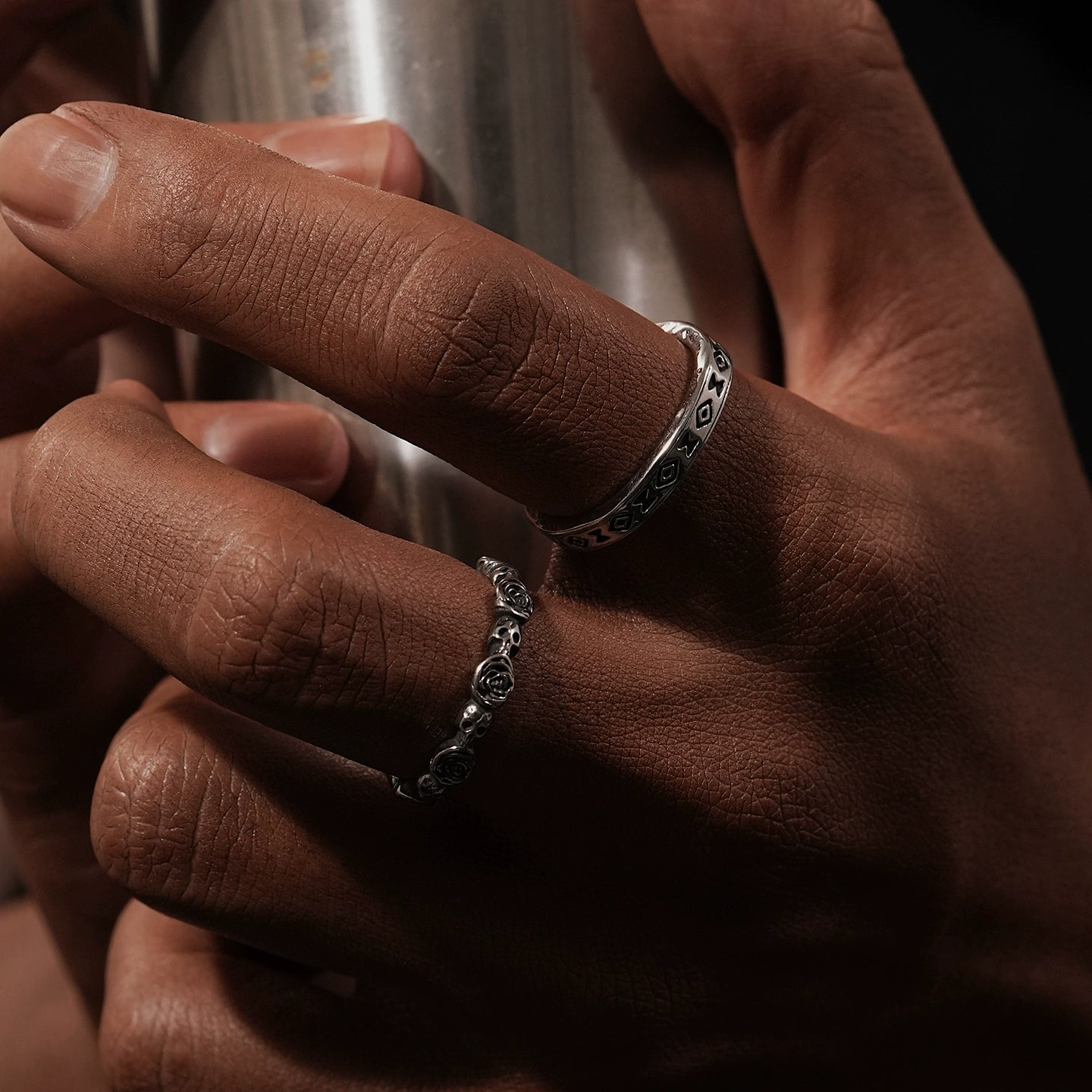 Gothic Rose Skull Pattern Stacking Rings