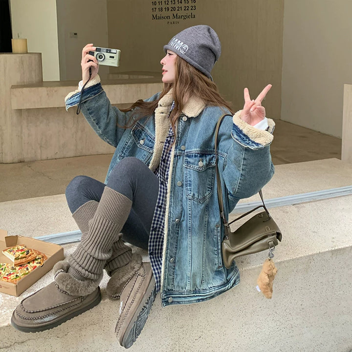 معطف شتوي جينز واسع مبطن بالفليس 