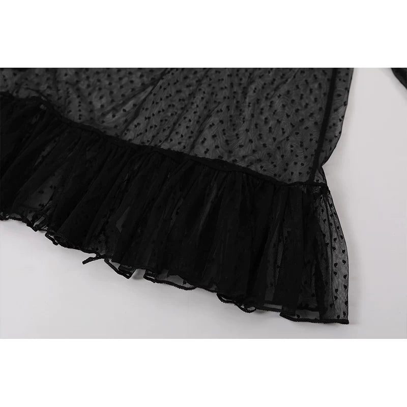 Polka Dot Mesh Ruffle Hem Turtleneck Top