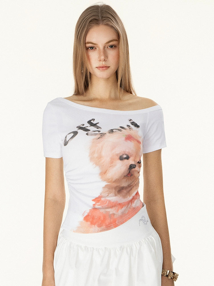 Off Shoulder Puppy Print Short Sleeve Top
