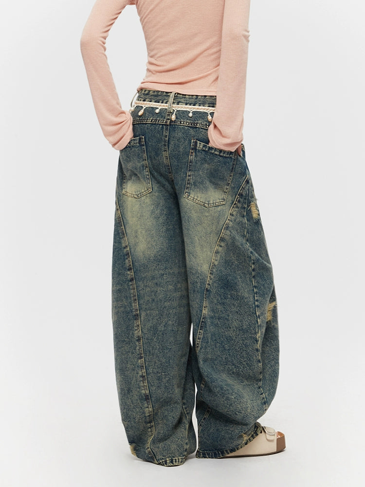 Distressed Loose Wide-Leg Straight Jeans