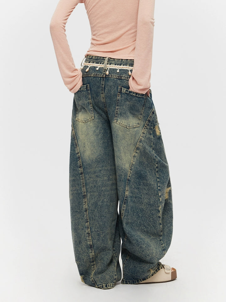 Distressed Loose Wide-Leg Straight Jeans