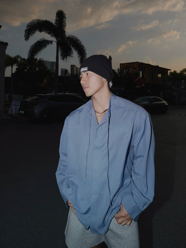 줄무늬 칼라 긴팔 풀오버 셔츠 