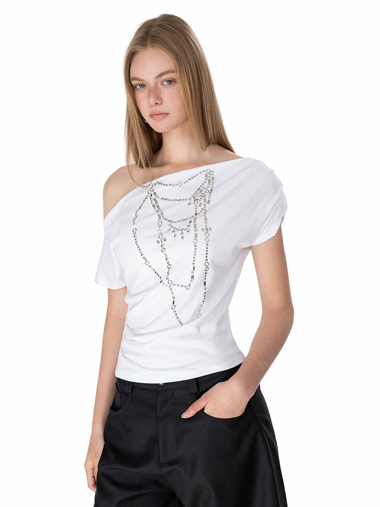 Sequin One-Shoulder Short Sleeve Turtleneck