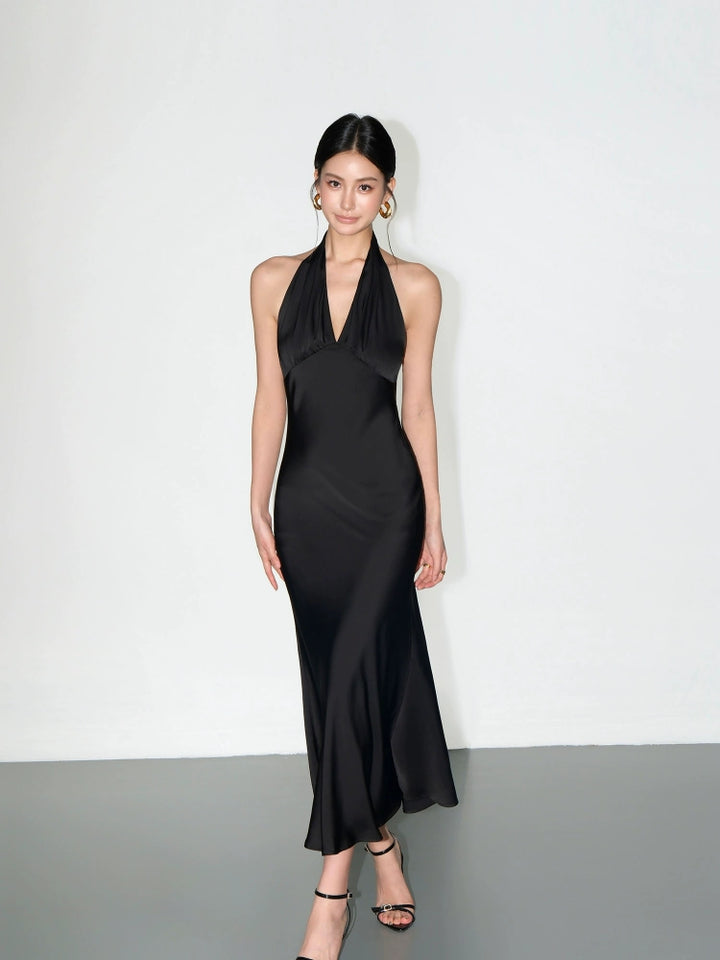 Satin V-Neck Halter Backless Sundress