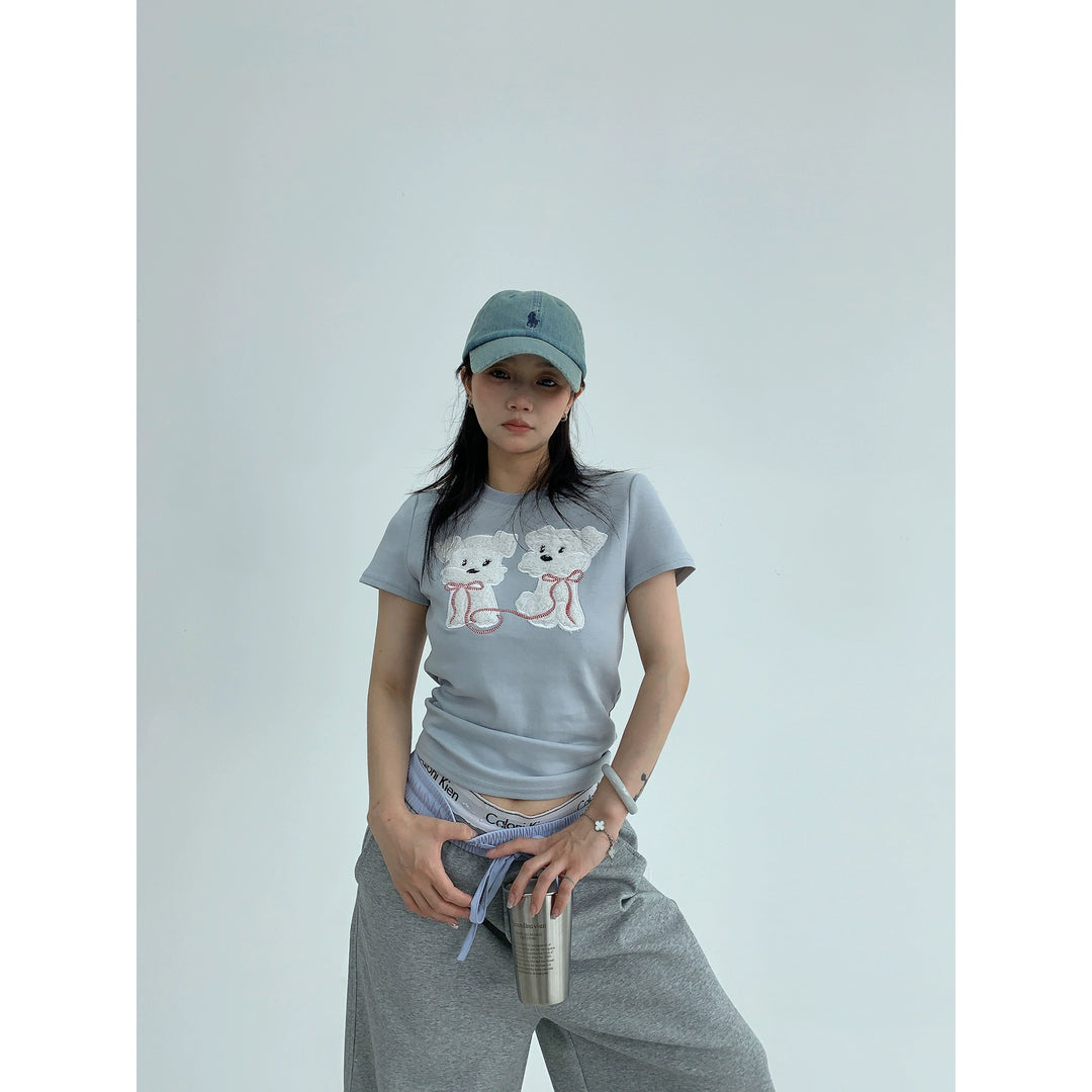 Cartoon Dog Embroidery Short Sleeve Top