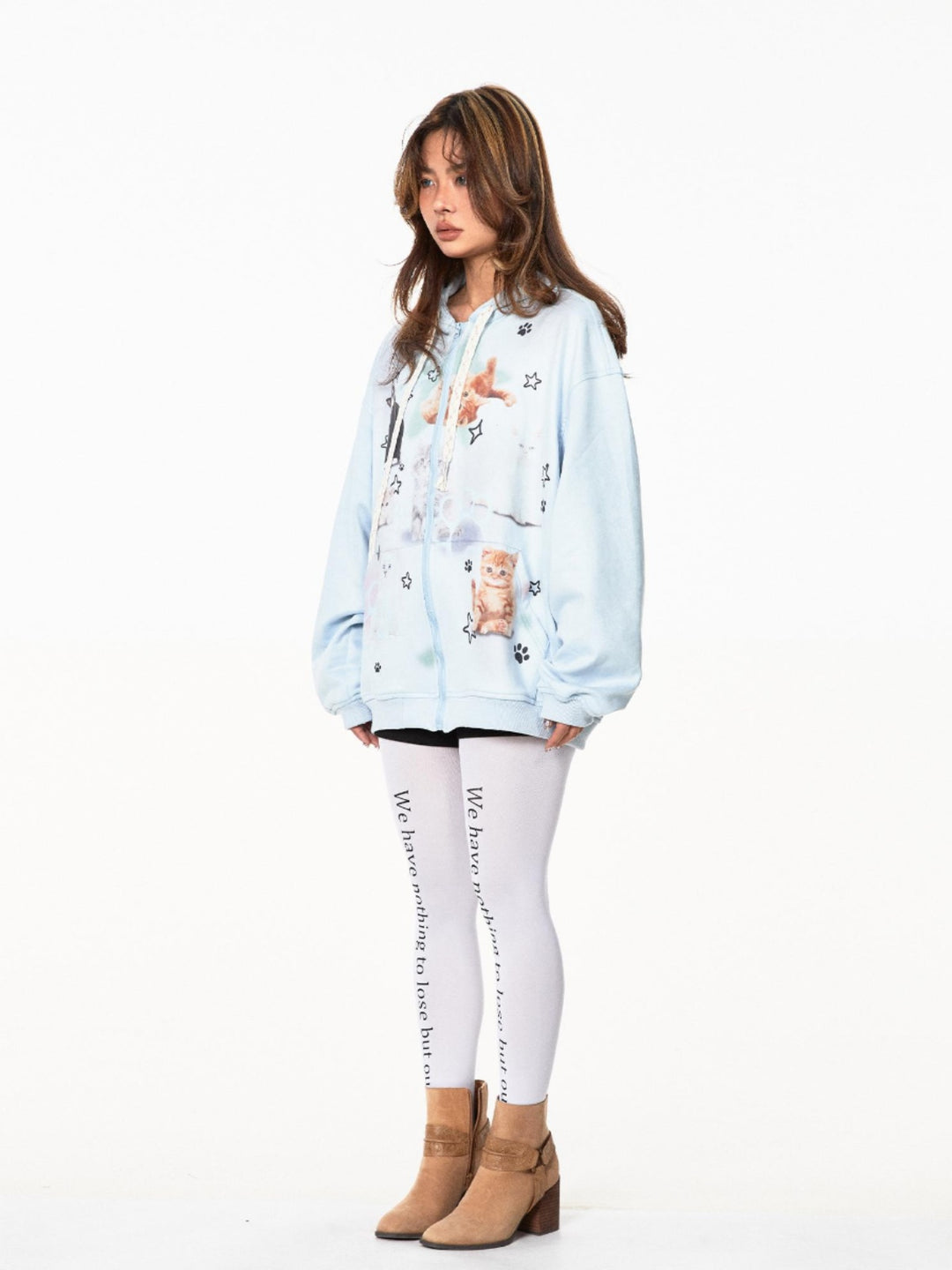 Hooded Cat Print Loose Cardigan