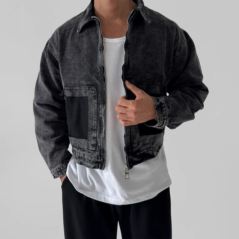 Veste en denim délavé usé avec revers 