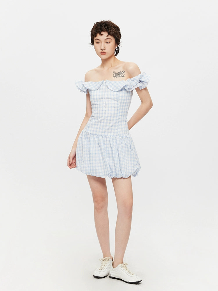 Rutet Off-Shoulder Ruffle Sommerkjole 