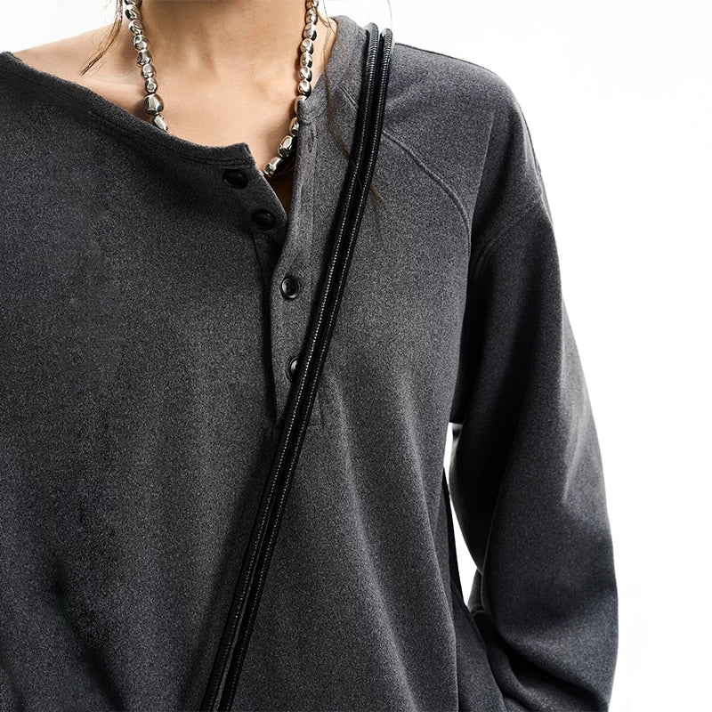 Henley fleece knapp langermet hettegenser 