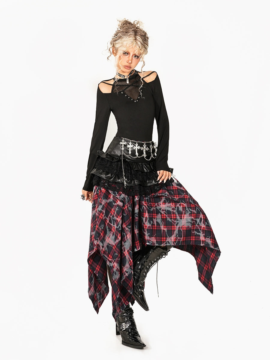 Plaid Punk Irregular Splicing A-Line Skirt