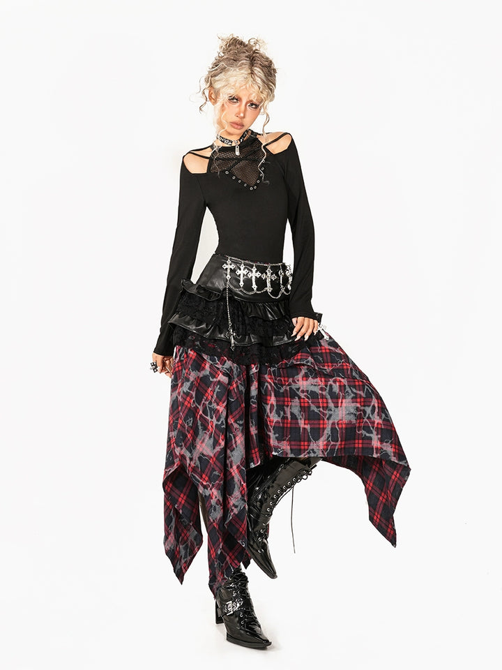 Plaid Punk Irregular Splicing A-Line Skirt