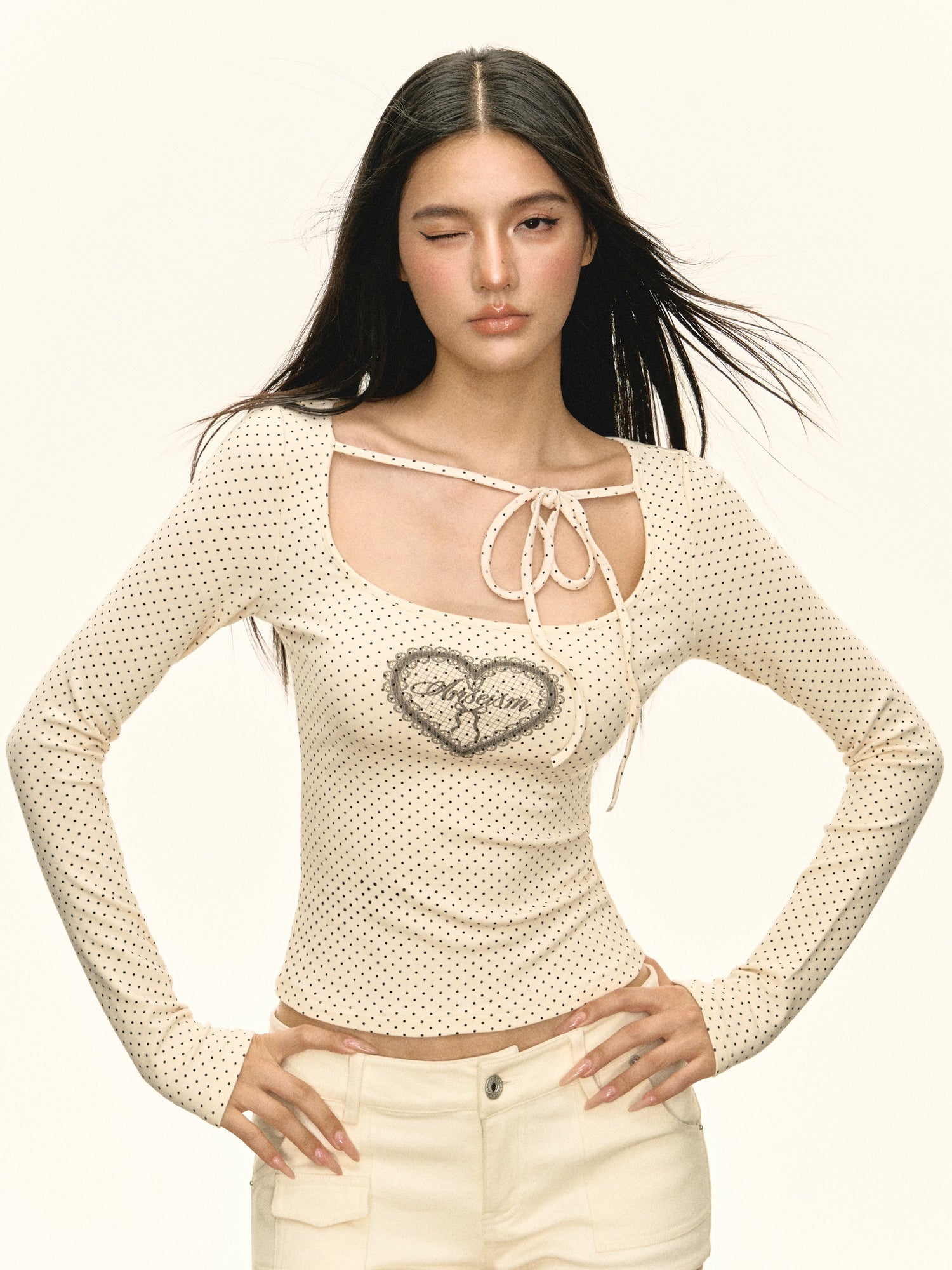 Polka Dot Cutout Long Sleeve Top