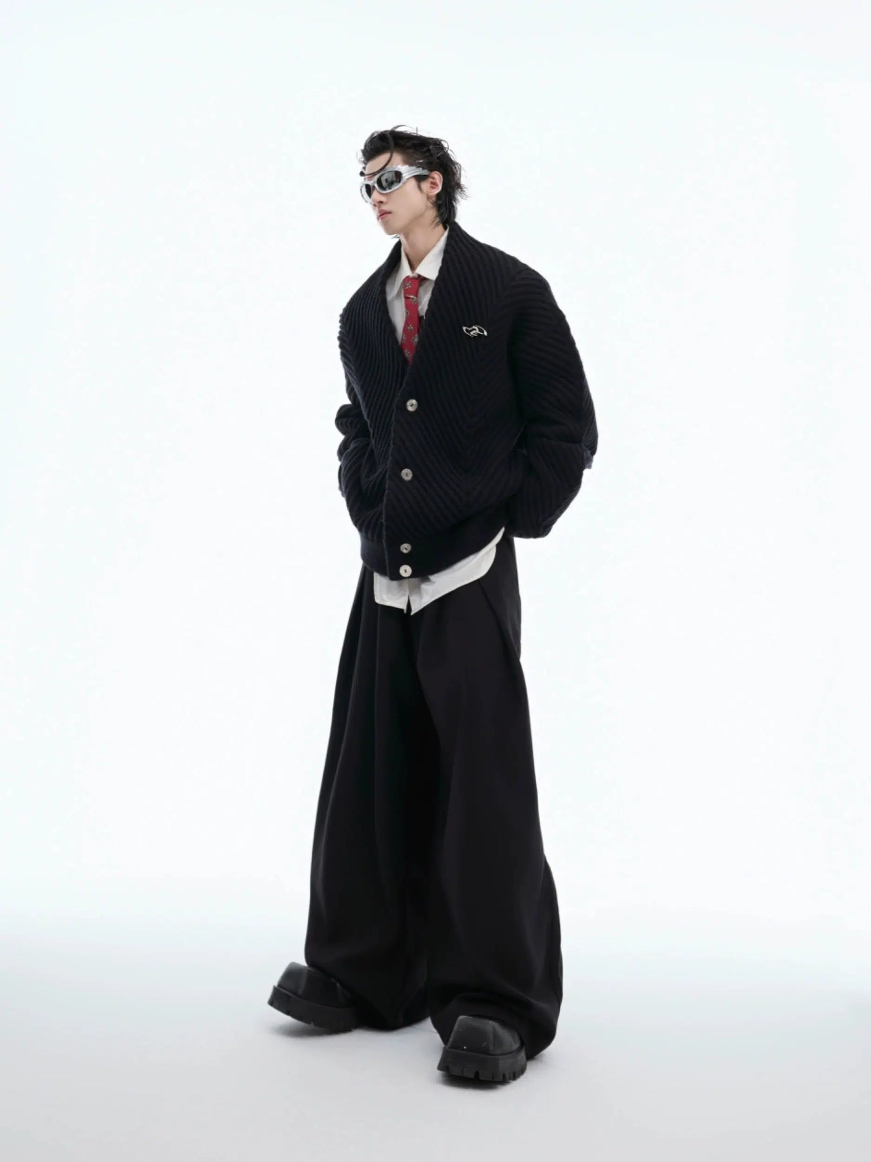 Pleated Knit V-Neck Cardigan