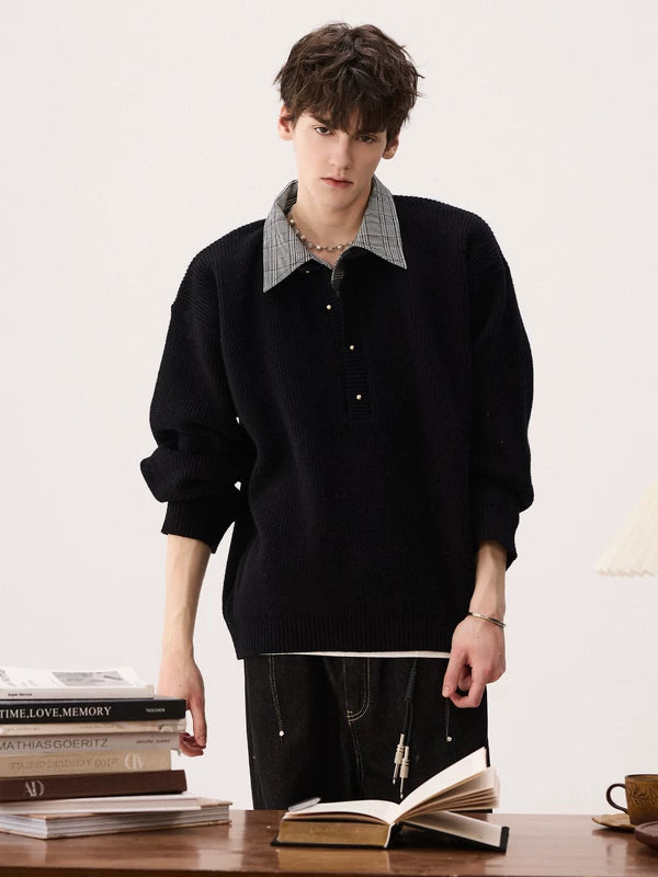 Houndstooth Collar Faux Two-Piece Sweater