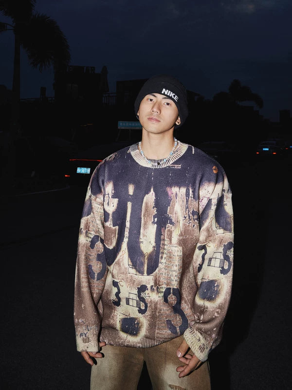 Retro Street Allover Print Knit Sweater