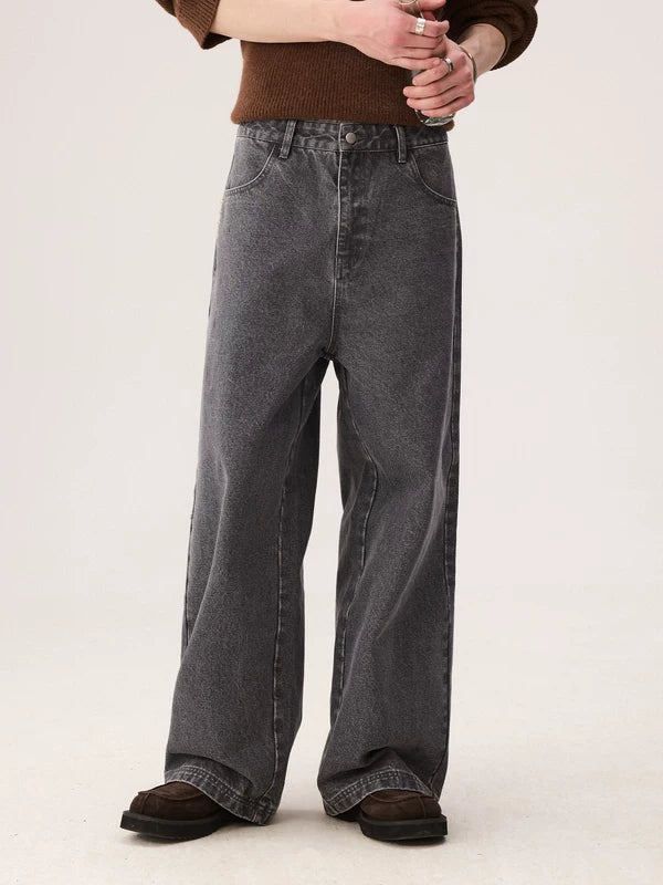 와이드 레그 디스트레스드 워시드 데님 팬츠 