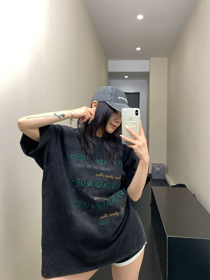 Letter Embroidery Oversized Washed T-shirt