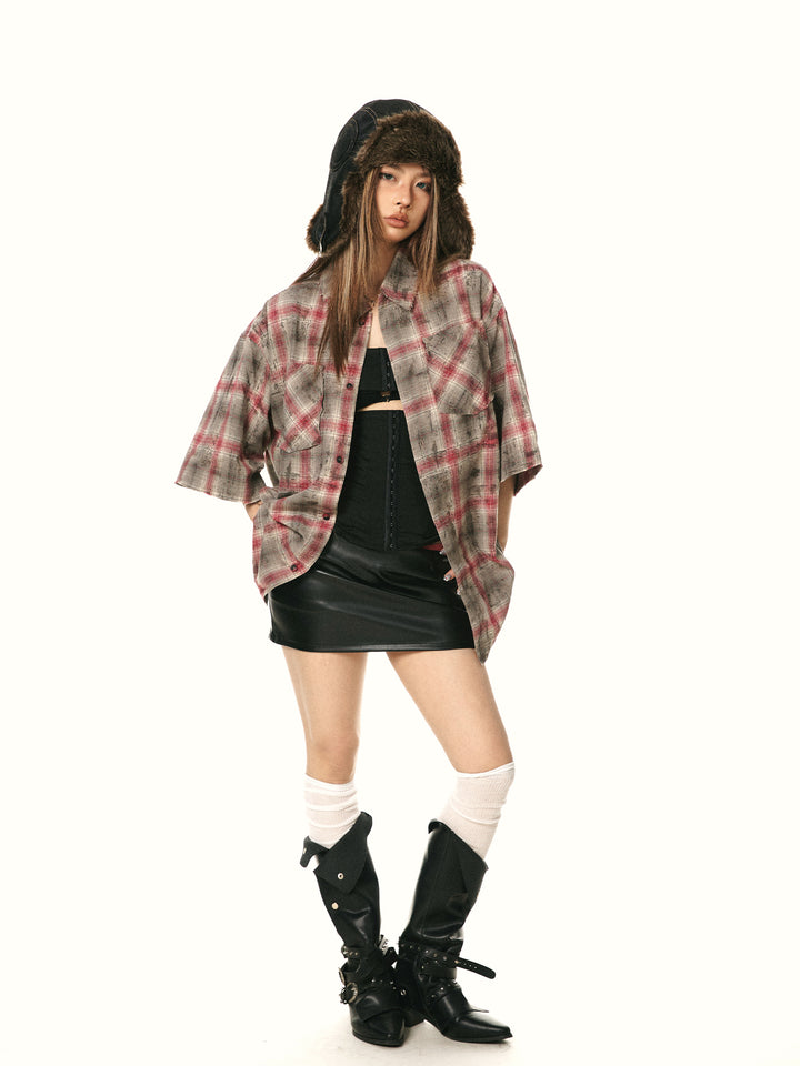 Retro Plaid Embroidered Short-Sleeve Shirt