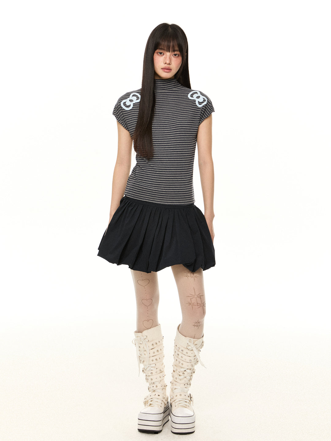 Striped Short-Sleeve Turtleneck Top