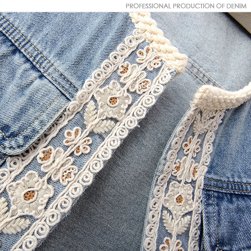 Crochet Lace Denim Sleeveless Vest Jacket