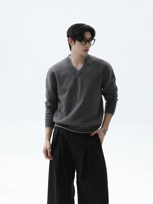V-Neck Knit Sweater Casual Pullover