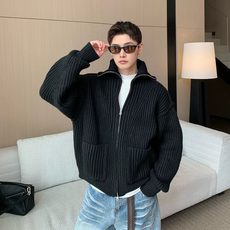 Retro Geribbelde Brei Hoge Hals Trui Cardigan 