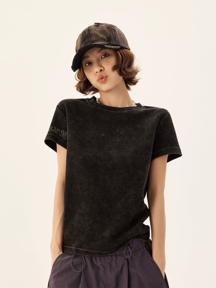 Waffle Knit Distressed Cross Print Turtleneck