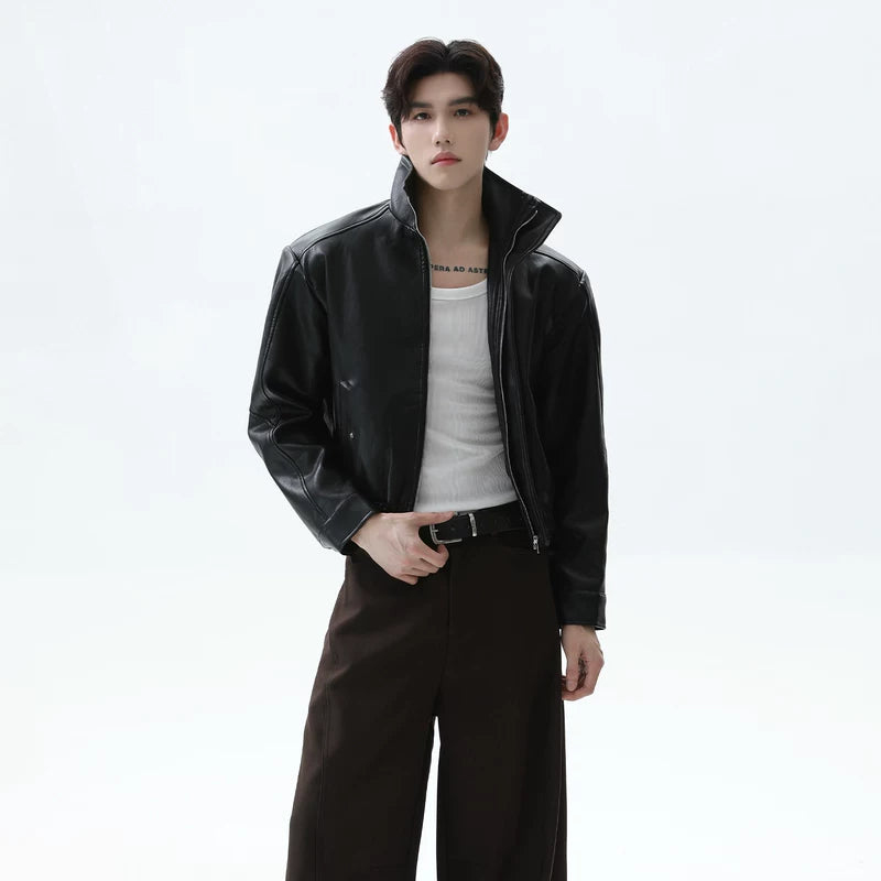 Oversized Leather Collared Short Jacket