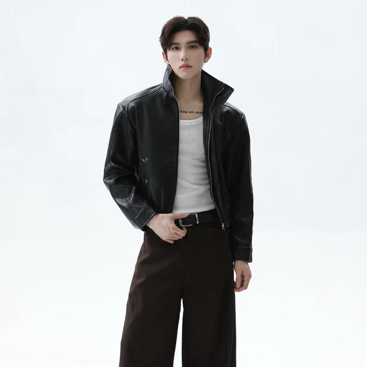 Oversized Leather Collared Short Jacket