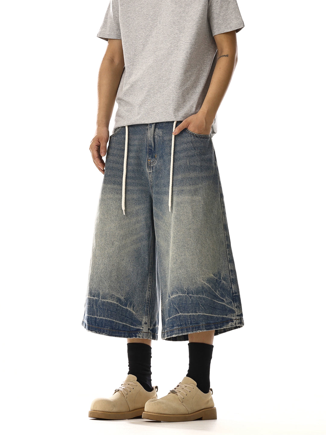 Brede-Leg Trekkoord Geknipte Denim Broek 