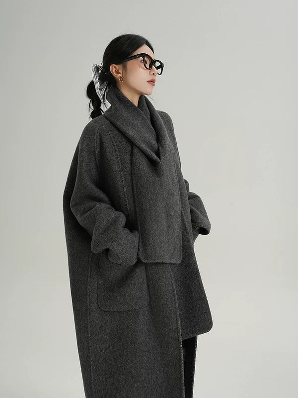 Long Wool Cape-Style Overcoat with scarf
