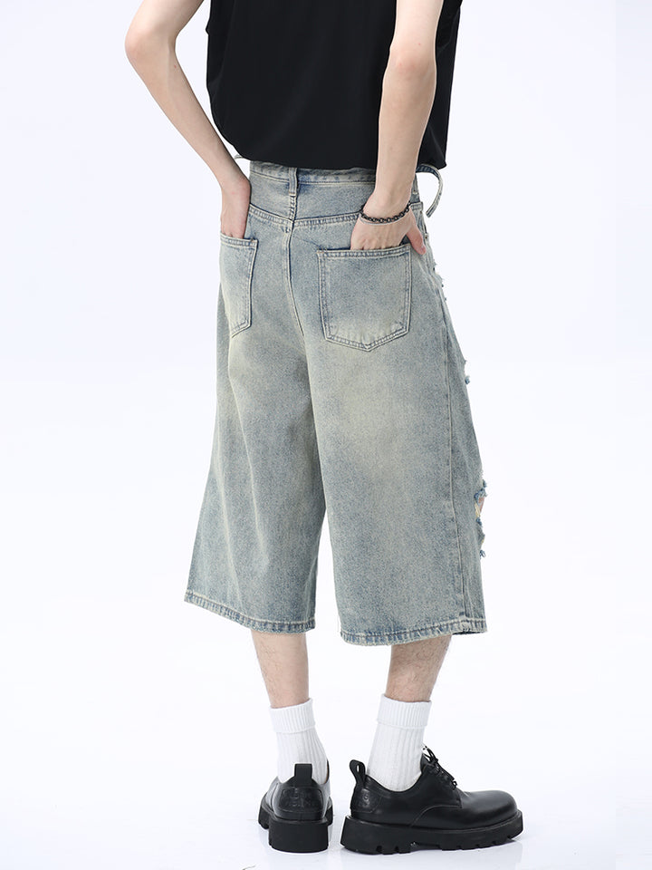 찢어진 와이드 레그 데님 반바지 