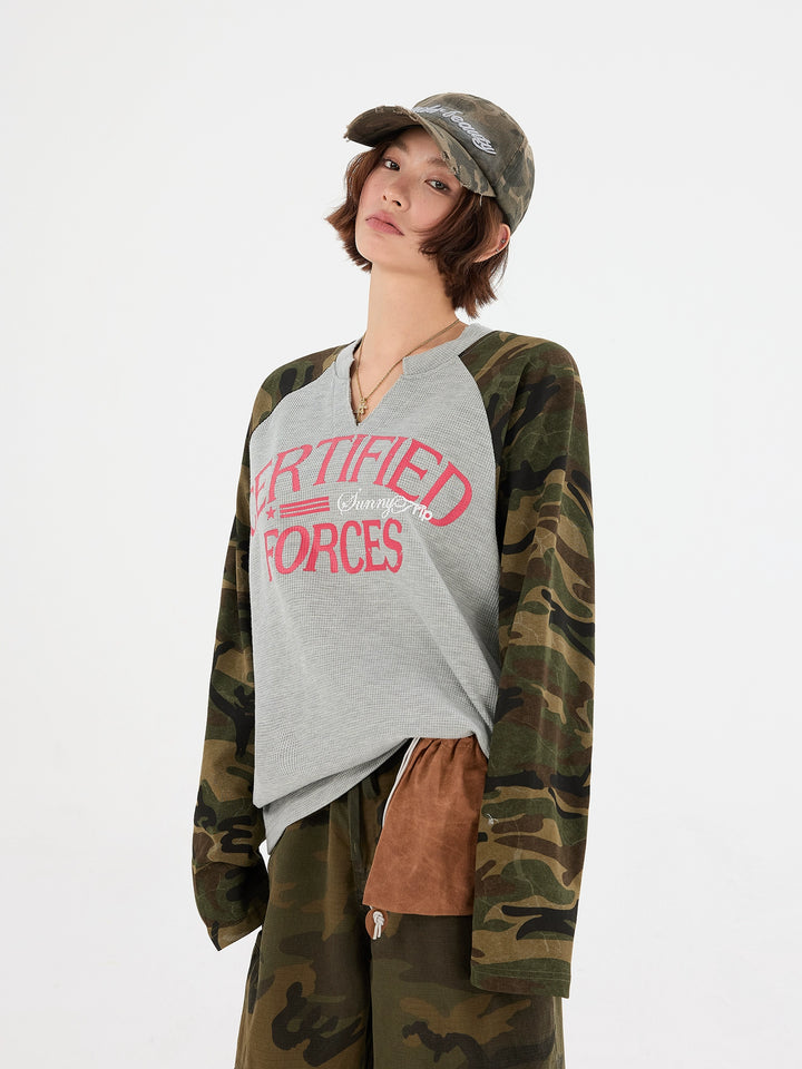 Waffle Knit Camouflage Mouw Sweatshirt 