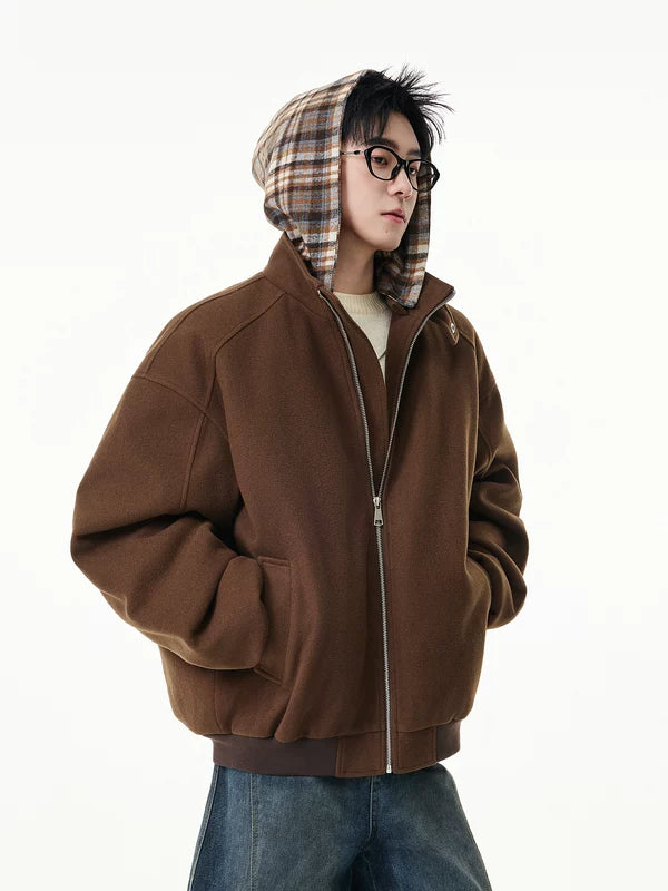 Jaqueta de algodão acolchoada com capuz forrada de xadrez 