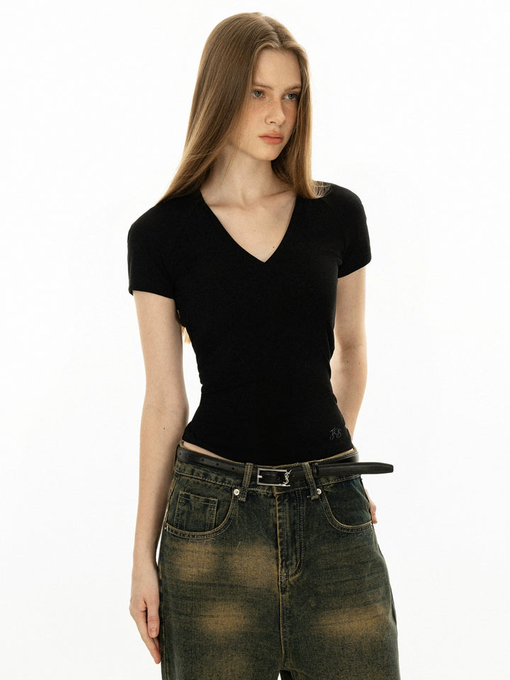 T-shirt à manches courtes en V brodé 