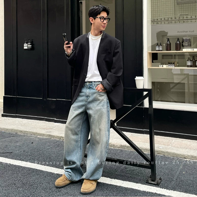 Heavy Wash Retro Loose Straight Jeans Pants