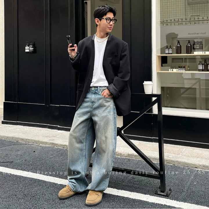 Heavy Wash Retro Loose Straight Jeans Pants