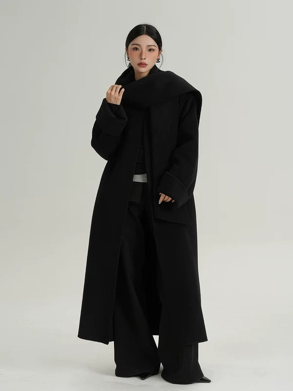 Long Wool Coat with Attached Scarf