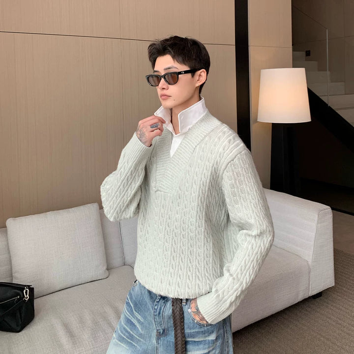 3D Sweter z dzianiny w warkocze, fałszywy dwuczęściowy 