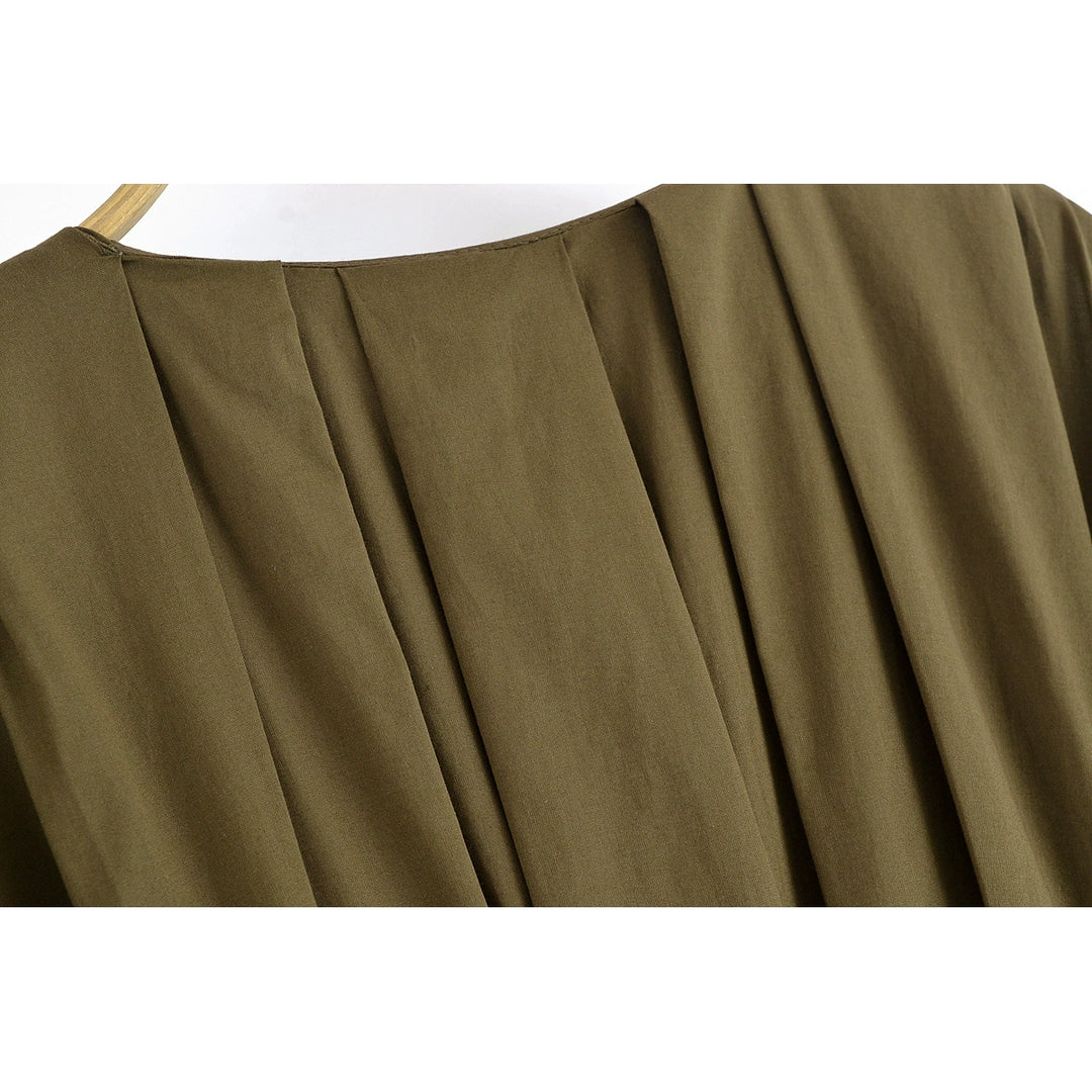 Vestido Midi com Ombros Caídos e Pregas 