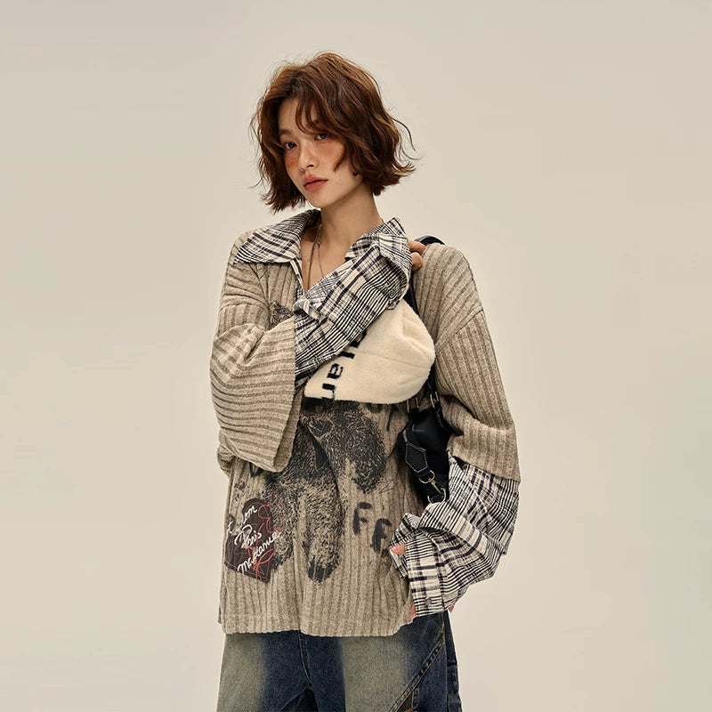 Bear Print Faux Two-Piece Knitted Sweater