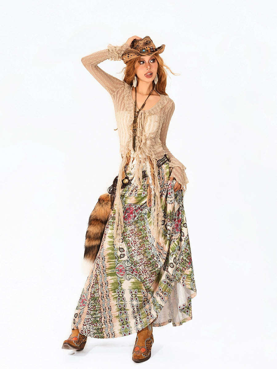 Cardigan Blouse à volants en dentelle rétro avec des franges 