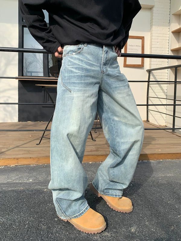 루즈 핏 워시드 데님 와이드 레그 팬츠 